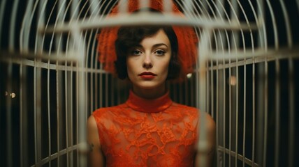 Wall Mural - woman behind bars in a bird cage