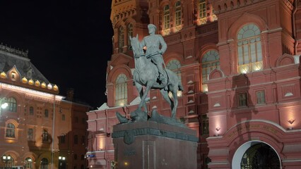 Poster - Monument to Marshal Zhukov: A Nighttime Journey through Time - Timelapse Hyperlapse of the Monument near the Historical Museum in Moscow, Russia