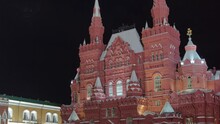 Glimmering Night Timelapse Of The State Historical Museum Of Russia, An Architectural Jewel Between Red Square And Manege Square In Moscow. Established In 1872, The Museum Shines In The Night