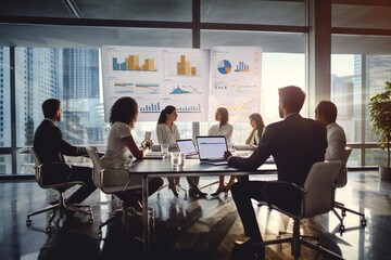 Wall Mural - Business people group meeting in office. Professional businesswomen, businessmen, and office workers work in team conferences with project planning documents on the meeting table.