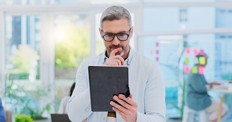 Poster - Tablet, business man and thinking with startup web design and internet search for digital planning. Male person, online page designer and idea for vision and leadership management with technology
