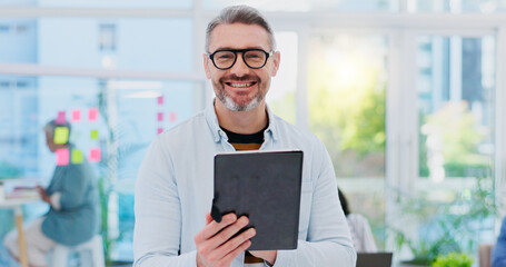 Poster - Tablet, business man and face with startup web design and internet search for digital planning. Male person, online page designer and smile with success and leadership management with technology