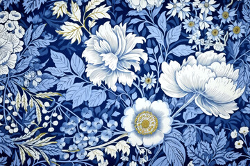 Blue vintage illustration flower pattern textile wallpaper background floral nature seamless leaf