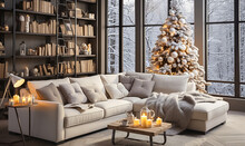 Stylish Living Room With Christmas Tree In Beige Colors.