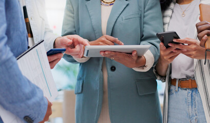 Poster - hands, tablet and group collaboration of business people work on meeting report, results or project 