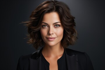 Portrait of a young beautiful brunette woman on a gray background, looking at the camera and smiling, black clothes