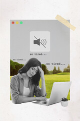 Canvas Print - Creative trend collage of tired exhausted female computer office sound off notification nature outdoor workaholic workplace