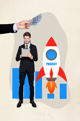 Aufkleber - 3d retro abstract creative artwork template collage of suit costume businessman rocket boost money abundance achieve aim target