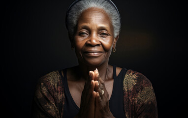 Senior African American woman smiling while praying. Studio backdrop. Religion concept.