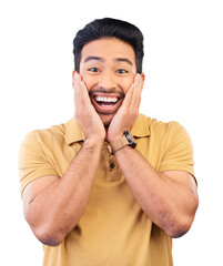 Wall Mural - Portrait, surprise and man with a smile, announcement and news isolated on a transparent background. Face, person and model with facial expression, shock or friendly with wow, excited or omg with png