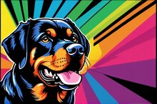 Bright Drawing Of Dog, Rottweiler, On T-shirt On Dark Background. Satirical, Pop Art Style, Vibrant Colors, Iconic Characters, Action-packed, Suitable For Mascot, Logo Or Reproduce On Canvas