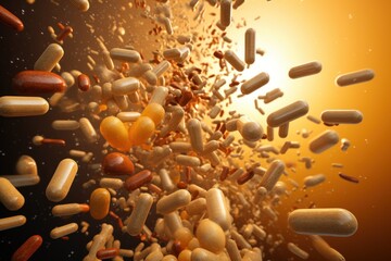 Poster - A captivating image capturing a bunch of pills flying in the air. This picture can be used to illustrate concepts related to healthcare, medicine, pharmaceuticals, addiction, or overdose.