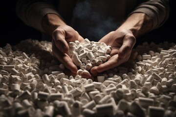 Aufkleber - A person is shown holding a pile of white pills. This image can be used to represent concepts such as medication, healthcare, addiction, or pharmaceuticals.