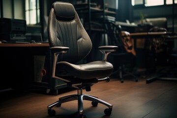 Aufkleber - A black office chair sitting on top of a hard wood floor. Perfect for office or home workspace design.