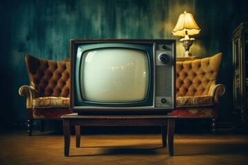 Poster - An old television set placed on a sturdy wooden table. Perfect for nostalgic themes or retro design projects.