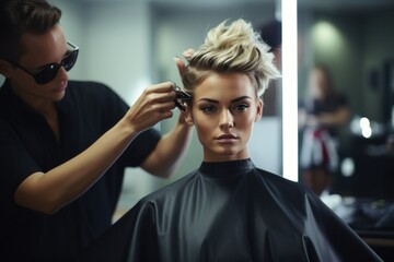 Poster - A woman is pictured getting her hair cut at a salon. This image can be used to showcase the process of getting a haircut or for promotional materials for a salon or hair care products.
