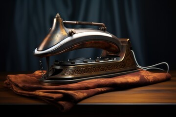 Poster - A steam iron is placed on top of a wooden table. This versatile image can be used to depict household chores, laundry, ironing clothes, or home appliances.