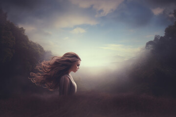 Canvas Print - A woman stands in a field with her hair blowing in the wind. This image captures the feeling of freedom and natural beauty. Perfect for advertisements, blog posts, and social media content.