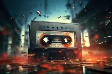 Poster - A close-up view of a cassette tape placed on a table. This image can be used to represent nostalgia, music, vintage technology, or audio recording.
