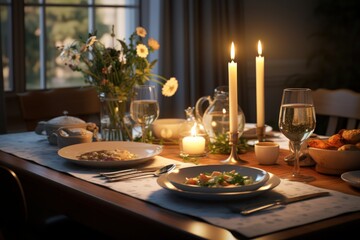 Wall Mural - A beautifully set dinner table with lit candles and plates of delicious food. Perfect for showcasing a romantic dinner or a special occasion. Can be used for restaurant promotions, food blogs, or home