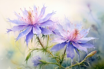 Wall Mural - A beautiful painting featuring two blue flowers adorned with glistening water droplets. This vibrant image captures the essence of nature's beauty and can be used to enhance various projects.