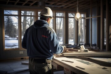 Poster - A man wearing a hard hat is seen working on a table. This image can be used to depict construction, engineering, or any work-related themes.
