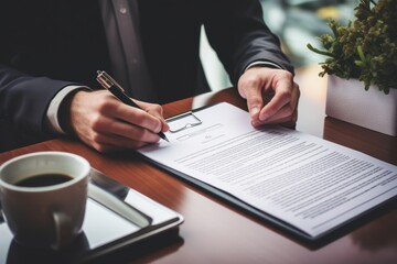 Poster - A man in a suit is pictured signing a document. This image can be used to depict business transactions, legal agreements, or professional signings.