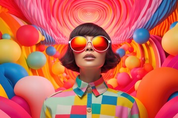 Wall Mural - A woman wearing a vibrant colored shirt and stylish sunglasses. This image can be used to represent fashion, style, summer, vacation, or a carefree attitude.