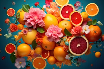 Poster - A vibrant collection of oranges, grapefruits, and other fruits arranged on a blue background. This versatile image can be used to showcase the freshness of fruits, healthy eating, or as a colorful bac