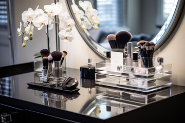Poster - A collection of makeup brushes neatly arranged on a mirror. Perfect for beauty and cosmetics-related projects.