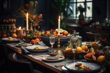 Wall Mural - A beautifully arranged table set with plates of food and candles. Perfect for a cozy dinner or special occasion.