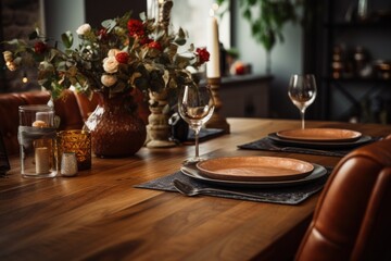 Fototapete - A wooden table adorned with plates and glasses. Perfect for showcasing food and beverages. Ideal for restaurant menus, food blogs, and culinary websites.