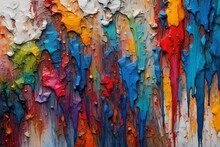 Closeup Of Abstract Rough Colorful Multicolored Art Painting Texture, With Oil Brushstroke, Pallet Knife Paint On Canvas, Dripping Color