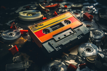 Poster - A detailed view of a cassette player surrounded by various electronic devices. Ideal for illustrating technology, vintage music, or nostalgia.