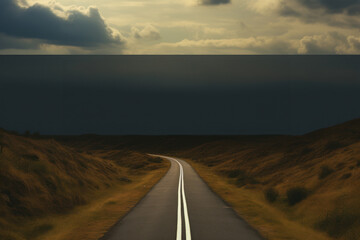 Poster - A picture of a long empty road with a beautiful sky background. Perfect for illustrating concepts of travel, freedom, and exploration.