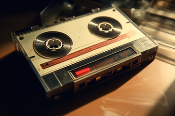 Poster - A classic cassette player placed on a rustic wooden table. Perfect for nostalgic music lovers or retro-themed designs.