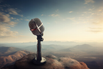 Aufkleber - A microphone placed on top of a rock with majestic mountains in the background. Perfect for capturing the beauty of nature while enjoying the melodious sounds. Ideal for music festivals, outdoor conce