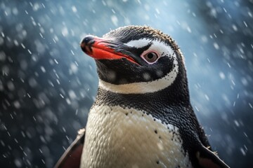 Fototapete - A penguin standing in the snow with a distinctive red beak. This image can be used to depict wildlife, winter scenes, or the beauty of nature.