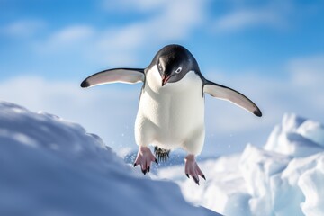 Poster - A penguin stands proudly on top of a snow-covered slope. This image can be used to depict winter landscapes, wildlife in cold climates, or the beauty of nature in icy conditions.