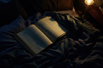 Aufkleber - An open book placed on top of a bed next to a lamp. This image can be used to depict reading, relaxation, or studying in a cozy environment.