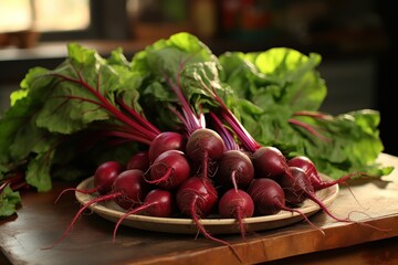 Wall Mural - A plate filled with fresh beets and vibrant greens sits on a table. This image can be used to showcase healthy eating, vegetarian or vegan lifestyles, or farm-to-table concepts.