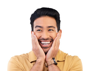 Poster - Man, thinking and hands on face, surprise and happy on hearing good news, discount and sale from announcement. Asian model, casual and confident for promotion, isolated on transparent png background