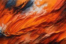 Closeup Of Abstract Rough Colorful Orange Colors Art Painting Texture Background Wallpaper, With Oil Or Acrylic Brushstroke Waves, Pallet Knife Paint On Canvas