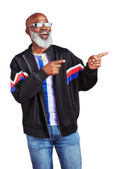 Poster - Fashion, smile and pointing with a senior black man isolated on a transparent background for retro style. Trendy, excited and a happy elderly person on PNG for presentation, information or promotion