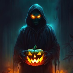 Wall Mural - An evil dark sinister ghostly man holding jack o lantern