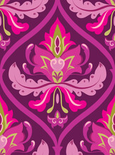 Seamless Damask Purple Pattern. Floral Vector Ornament. Classic Background For A Wallpaper, Textile, Carpet, Wrapping Paper. 