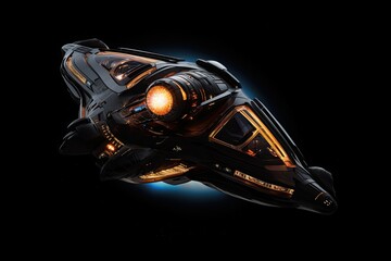 Poster - 3D CG rendering of space ship. High resolution image isolated on black. An intergalactic modern spaceship orbiting a distant planet on a Black background, AI Generated
