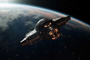 Poster - Space ship in outer space. Science fiction art. 3D rendering, An intergalactic modern spaceship orbiting a distant planet on a Black background, AI Generated