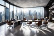  an opulent office interior with designer leather furniture and a panoramic cityscape as the backdrop