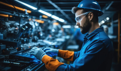 Poster - Confident man worker skillfully operating high-tech machinery in a modern automotive manufacturing at factory.